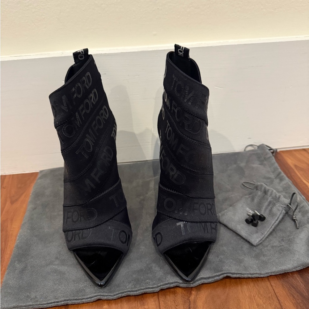 Tom Ford Black Logo peep toe heel booties size 37 1/2
